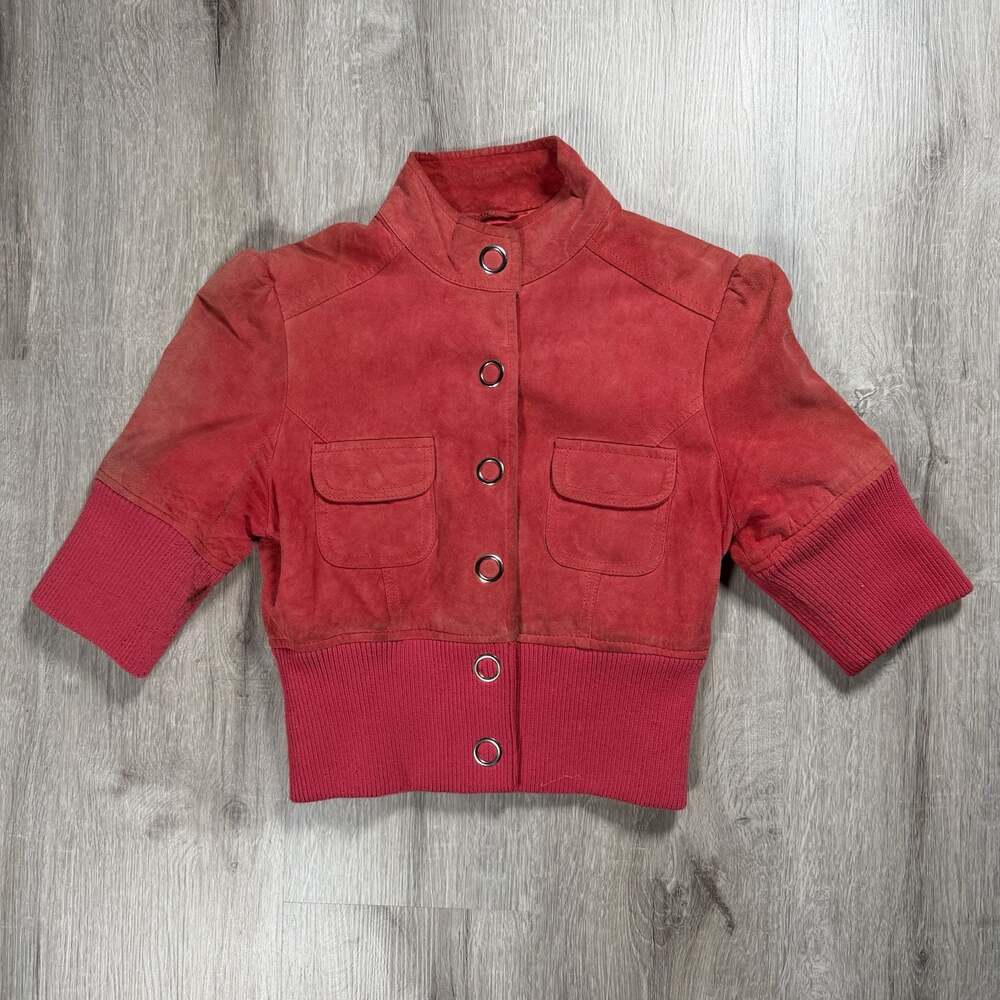 Womens Y2K Guess Red Suede Leather Cropped Jacket Small - Picture 1 of 5
